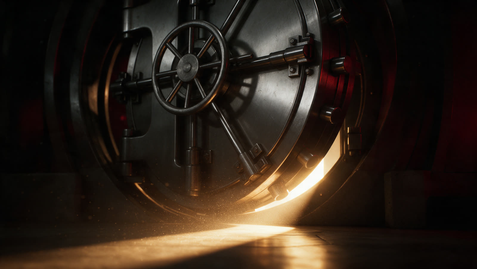 A steel vault door standing slightly open, gold light coming through the gap